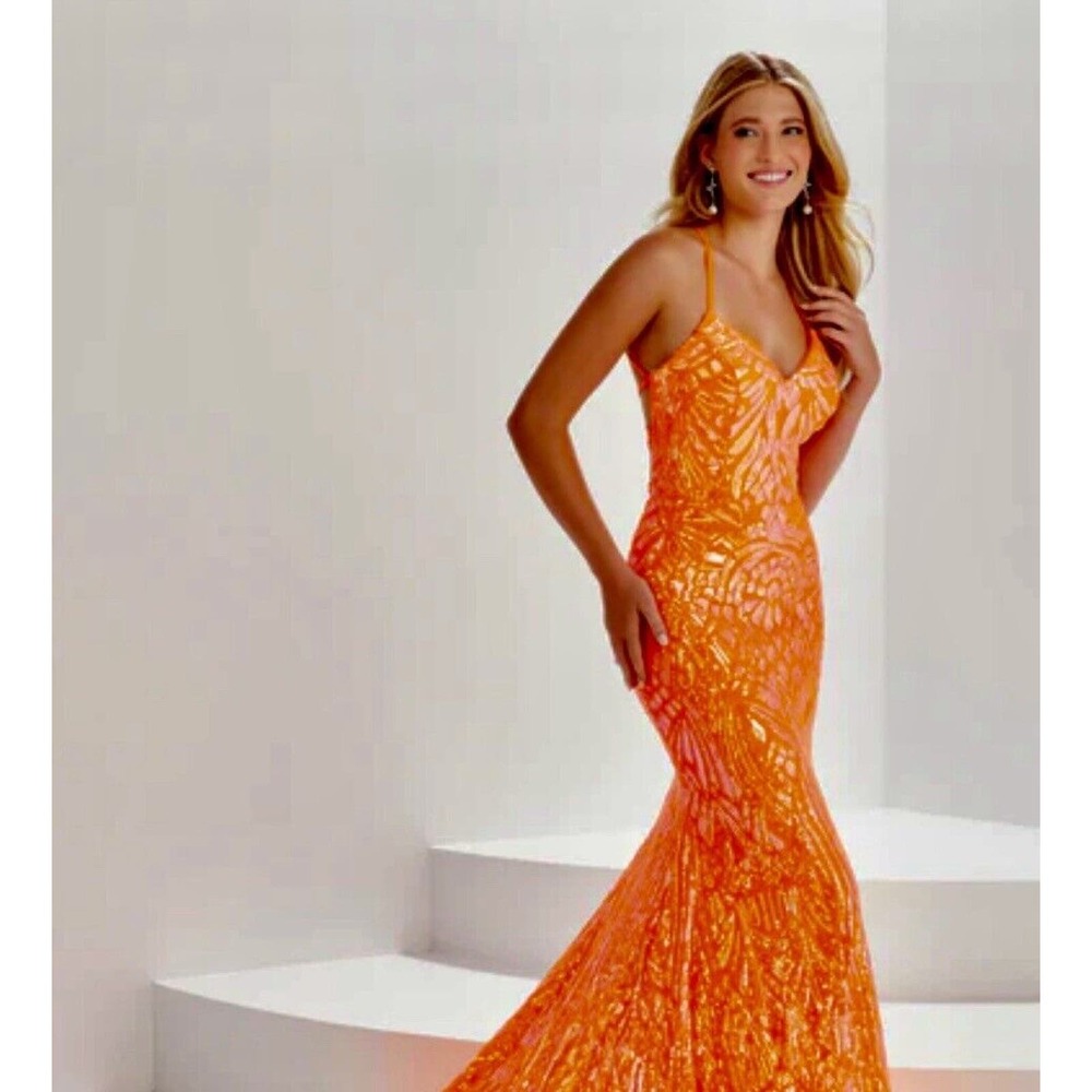 Tiffany Designs Neon Orange Scalloped Hem Pageant Gown Prom Dress Size 8